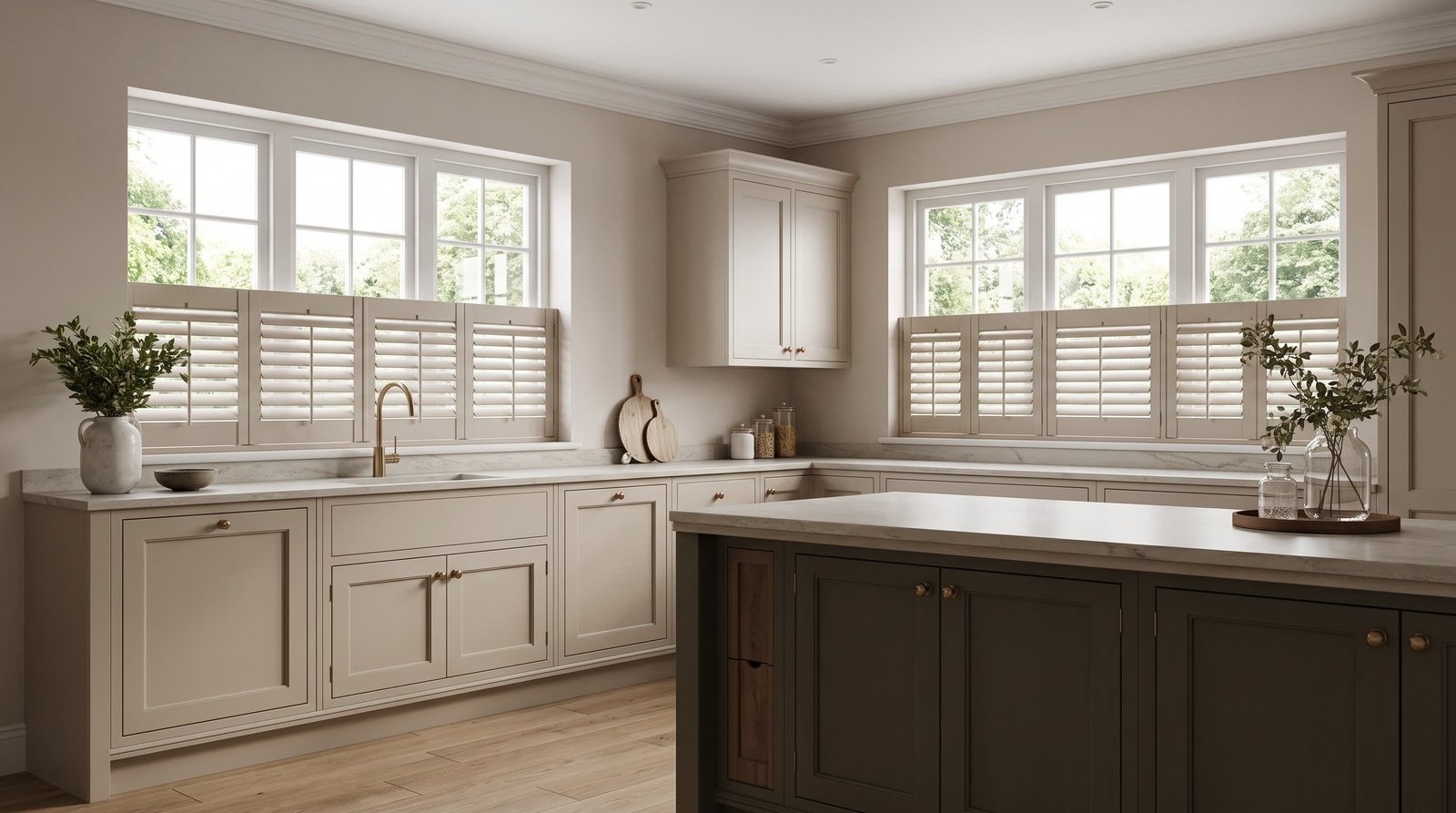 Luxury Kitchen Garden View — Cafe Style Shutters