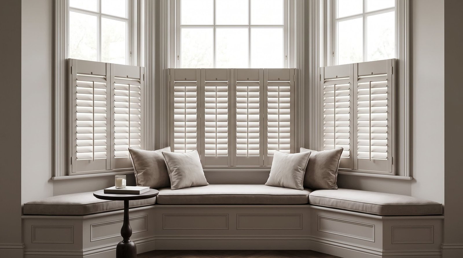 Refined Bay Window Reading Corner — Cafe Style Shutters