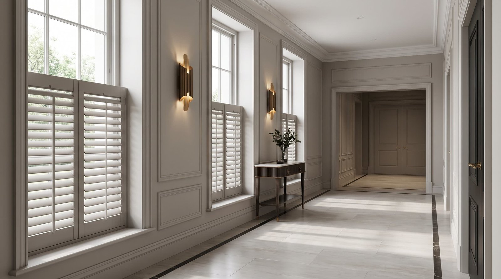 Contemporary Hallway Window Feature — Cafe Style Shutters