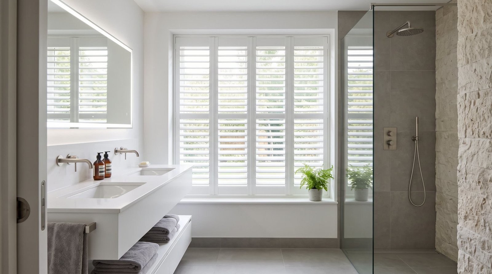 Contemporary Ensuite Shower Room — Classic PVC Shutters