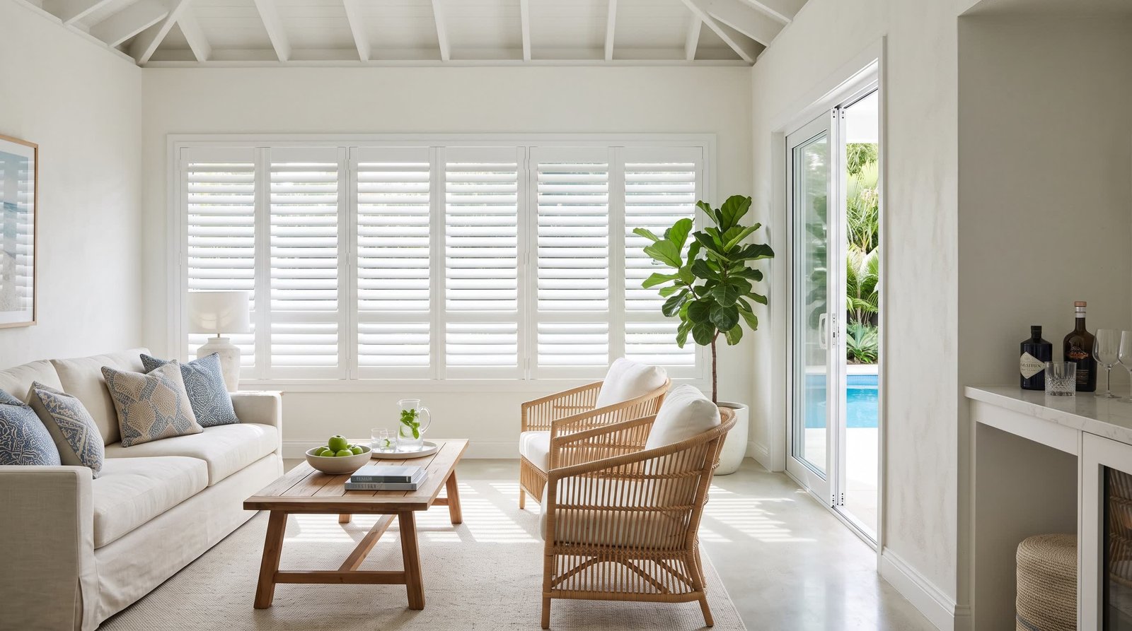 Refined Pool House Lounge — Classic PVC Shutters