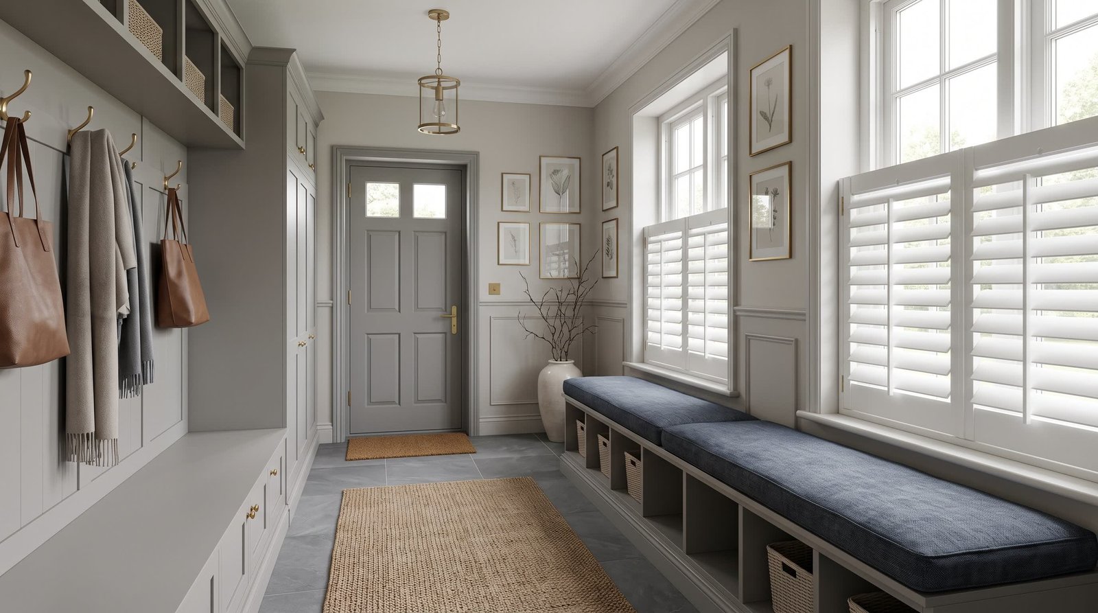 Sophisticated Mudroom Entrance — Classic PVC Shutters