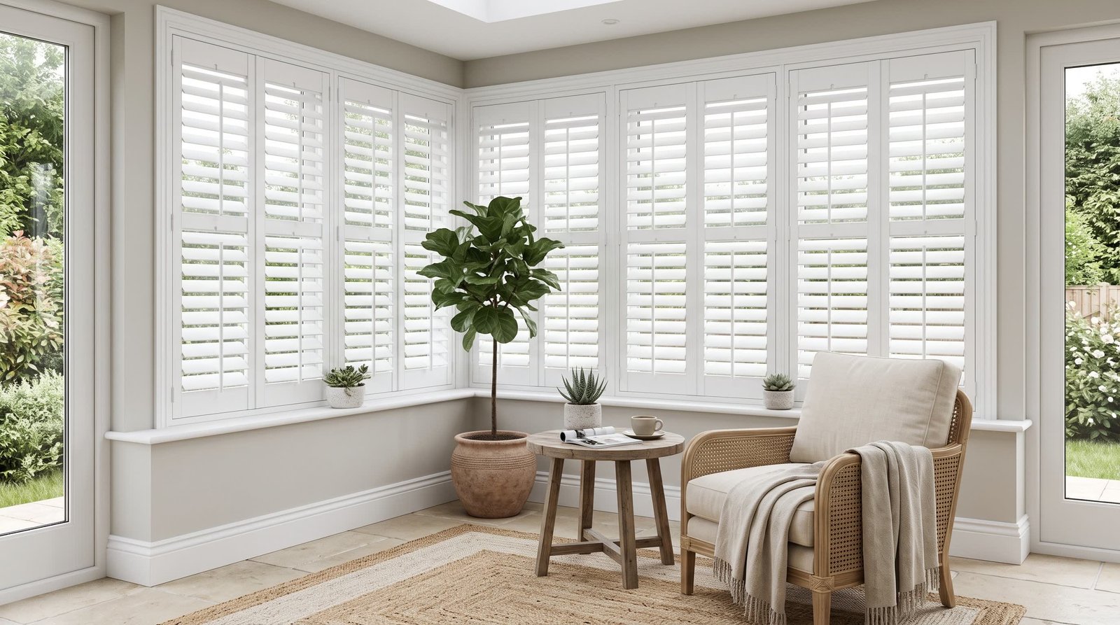 Bright Conservatory Side Corner — Classic PVC Shutters