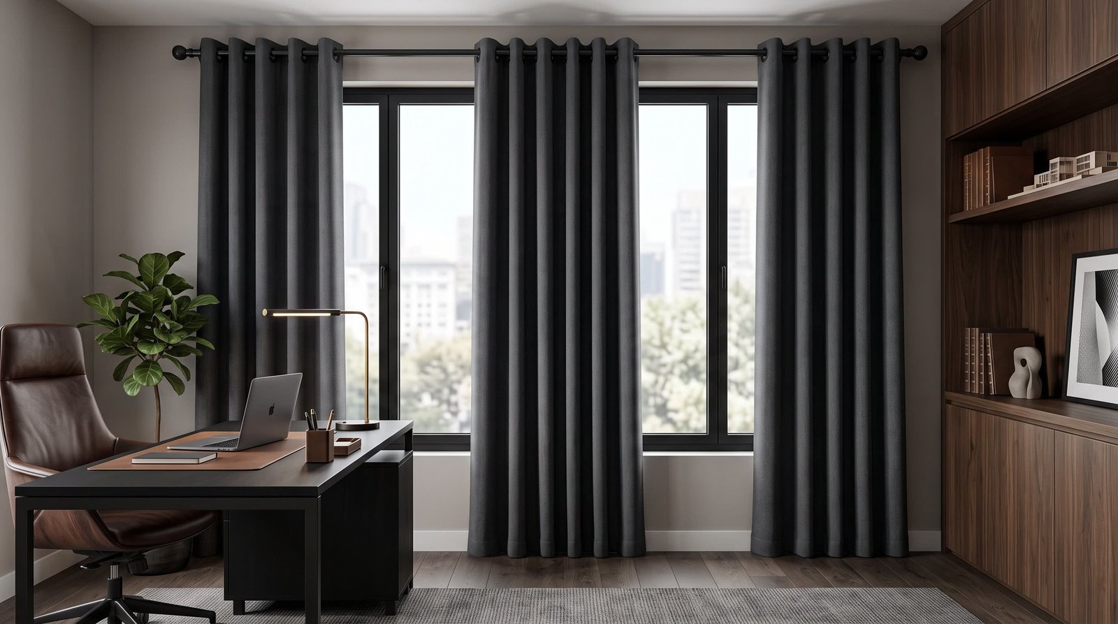 Executive Home Office With Charcoal Gray Eyelet Curtains &mdash; Eyelet Curtains