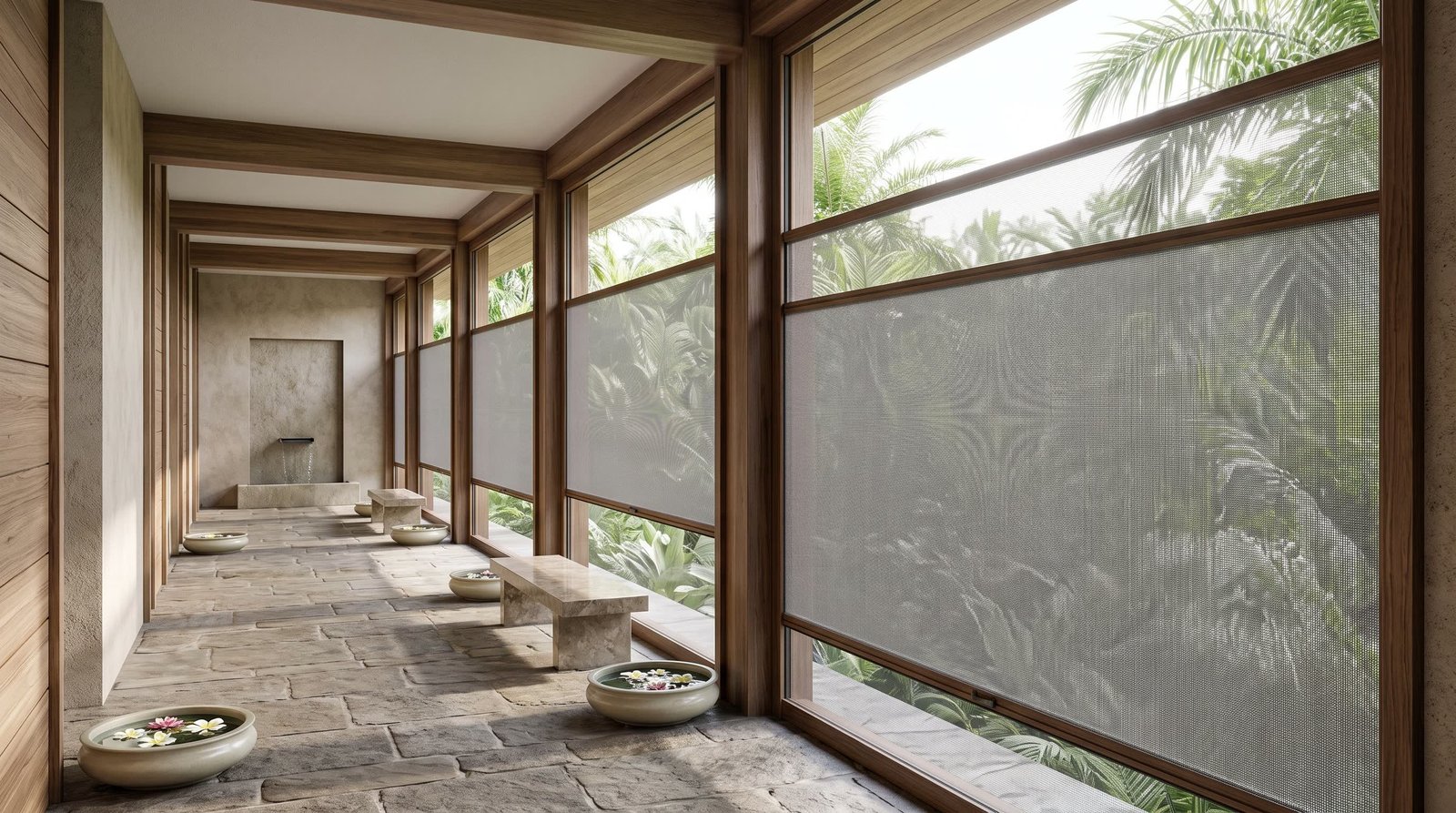 Jungle Retreat Spa Corridor — Fly Screen Blinds