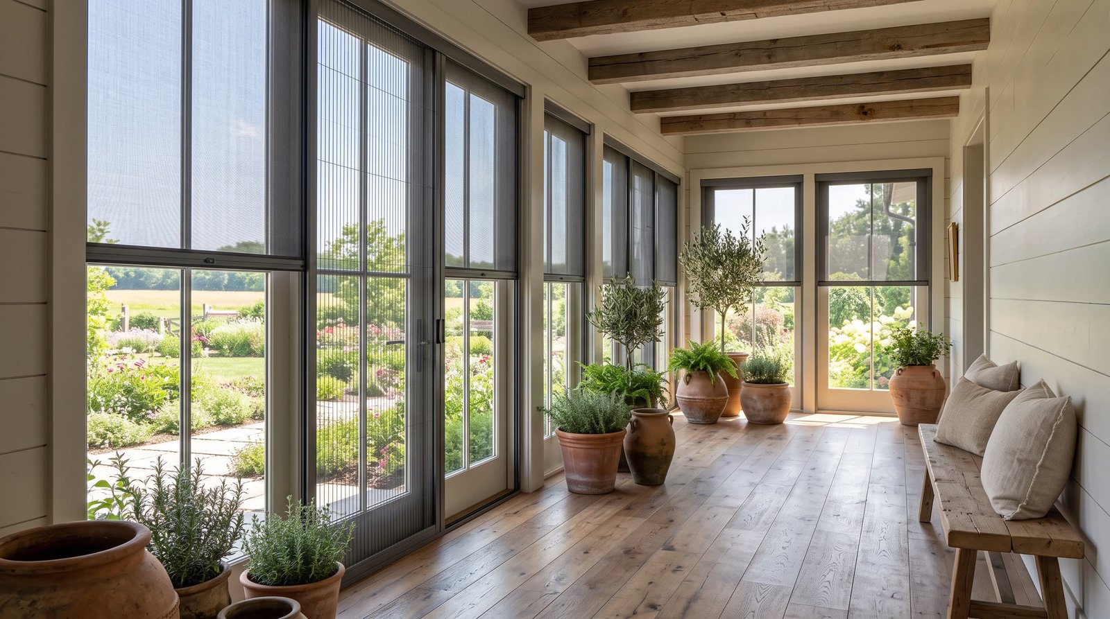 Modern Farmhouse Sunroom Passage — Fly Screen Blinds