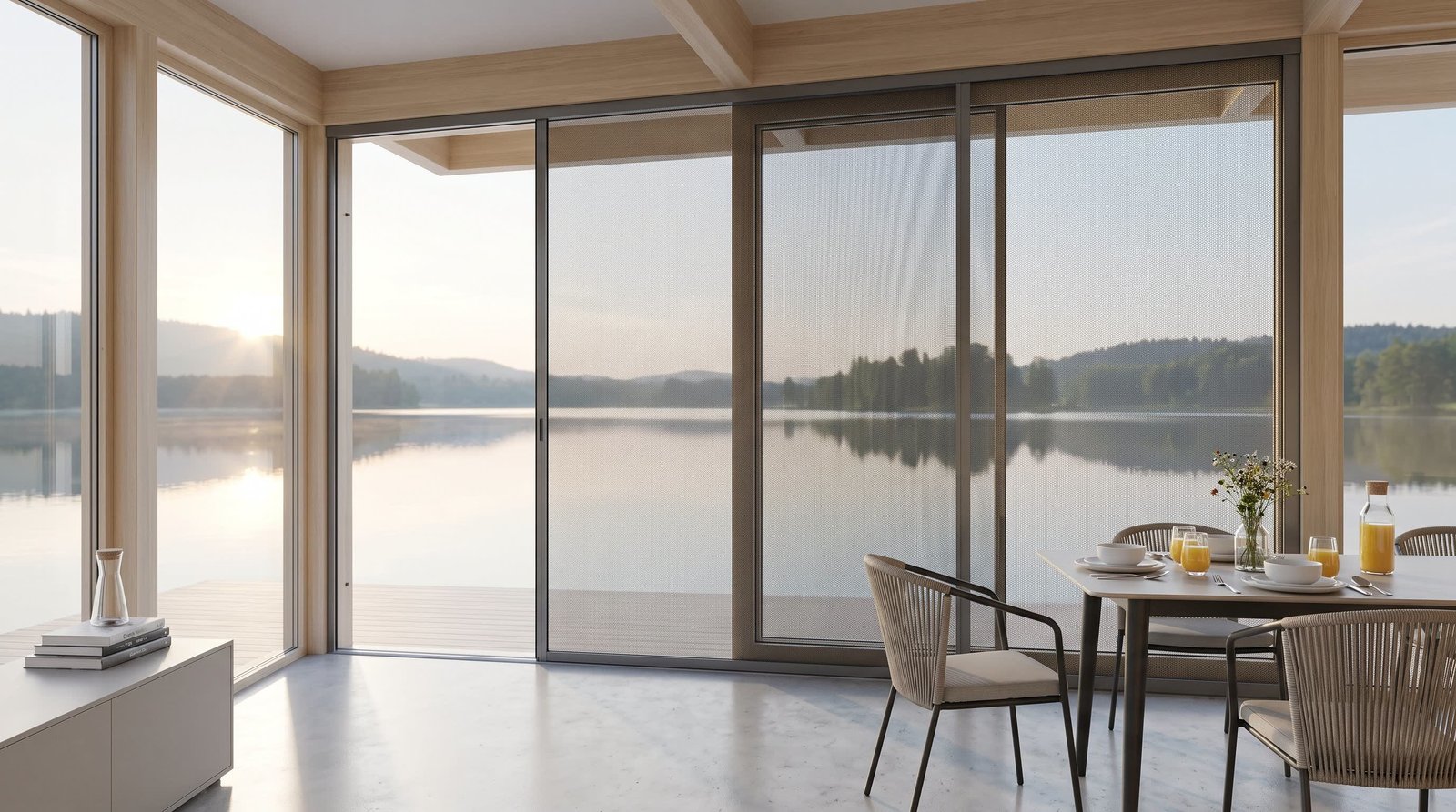 Modern Lakeside Breakfast Pavilion — Fly Screen Blinds