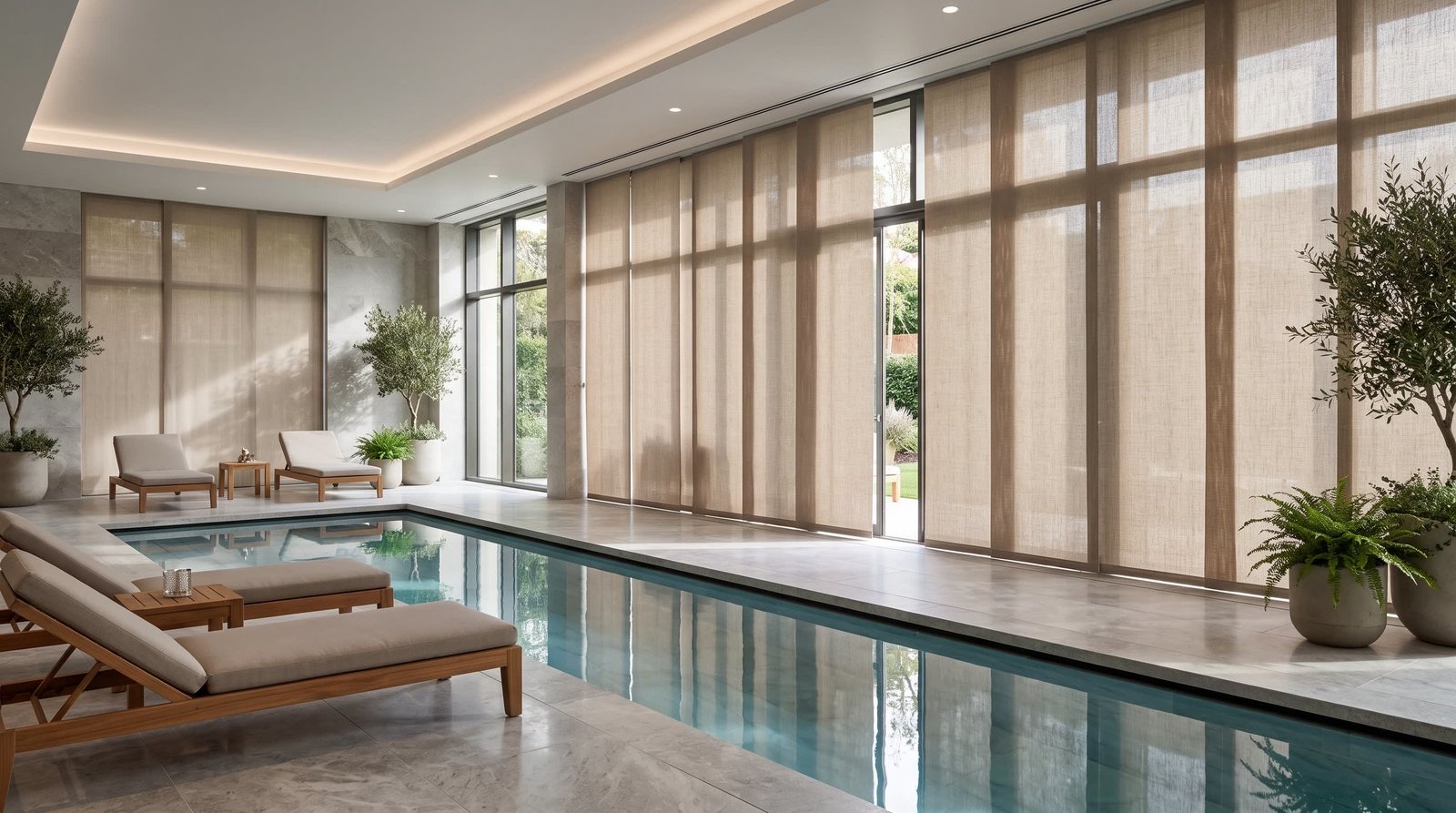 Modern Indoor Pool Lounge — Panel Blinds