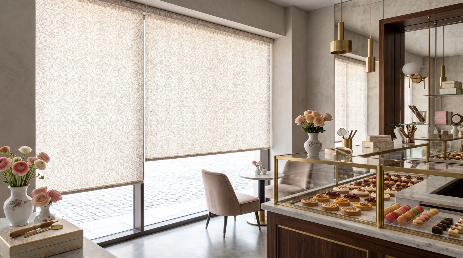 Boutique Pastry Display Room &mdash; Printed Blinds
