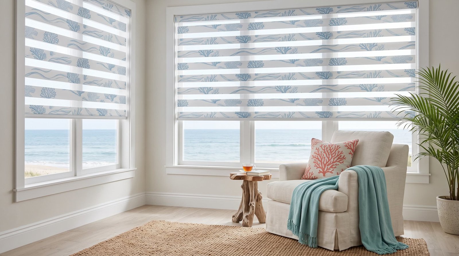 Modern Coastal Reading Nook — Printed Duplex Blinds