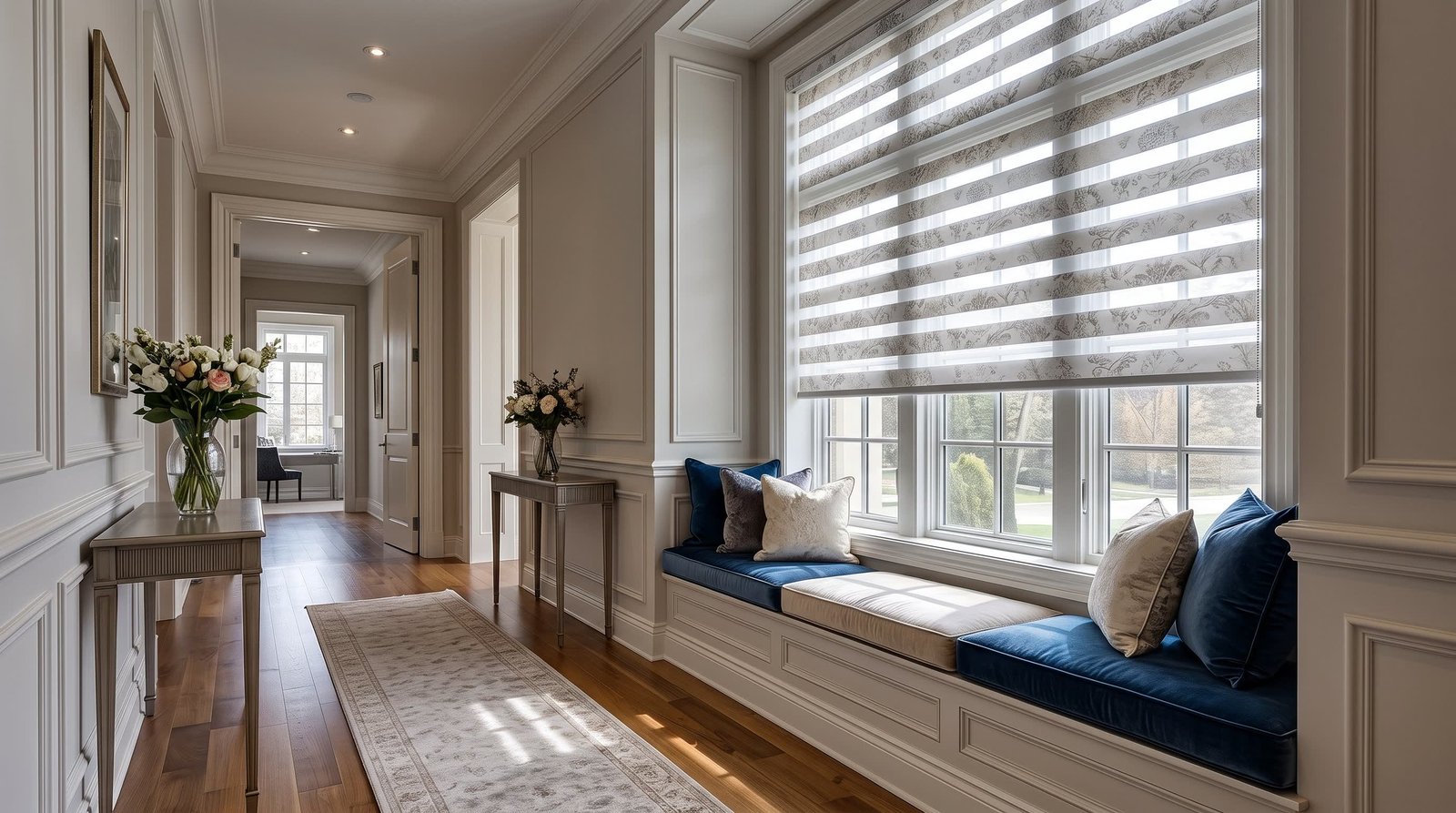 Luxury Hall Window Seating Area — Printed Duplex Blinds