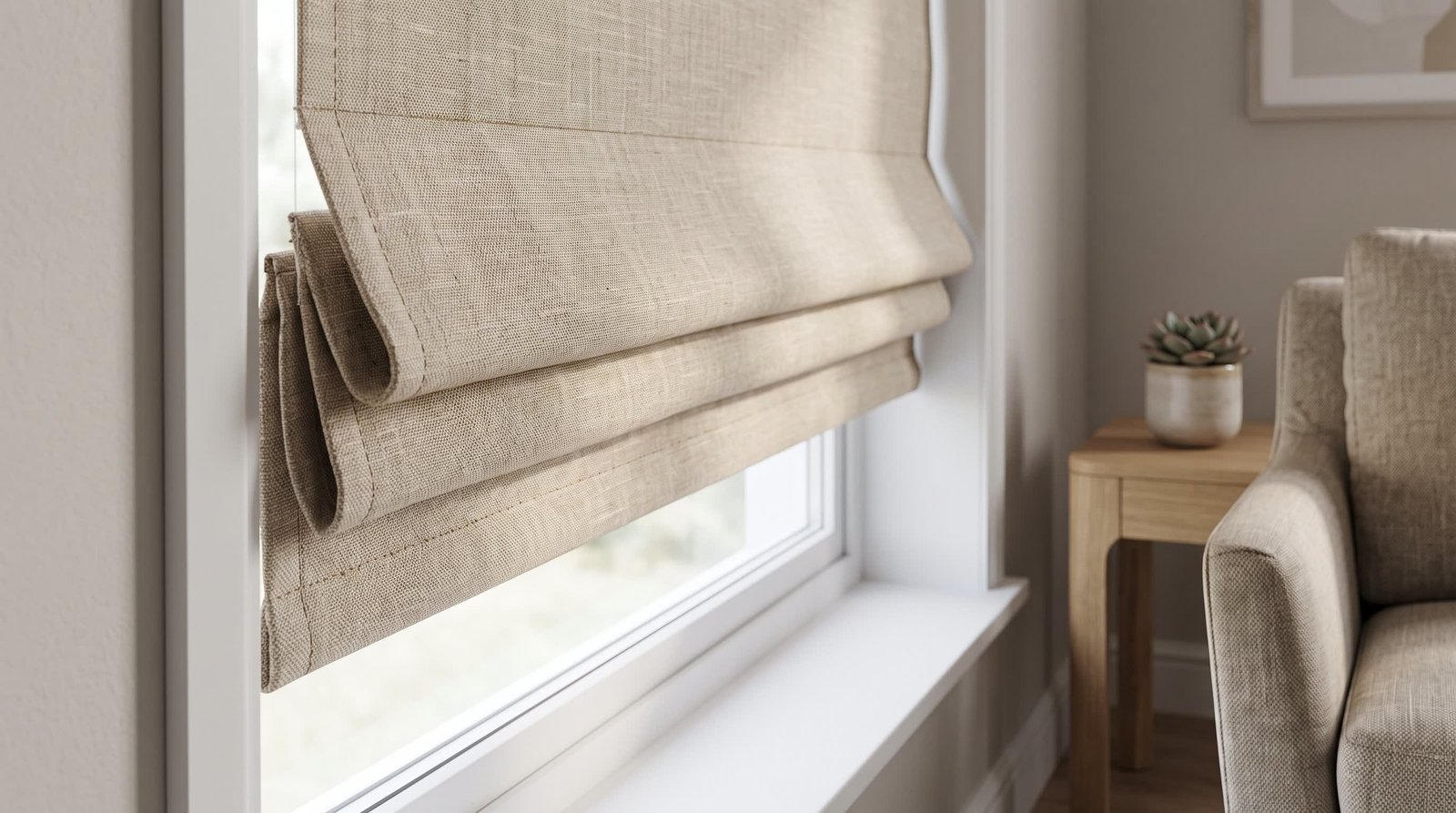 Close-Up Interior Showcase of Linen Roman Blinds — Roman Blinds