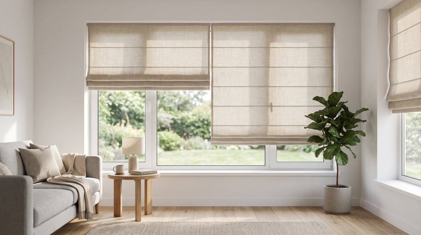 Roman blinds with soft fabric folds