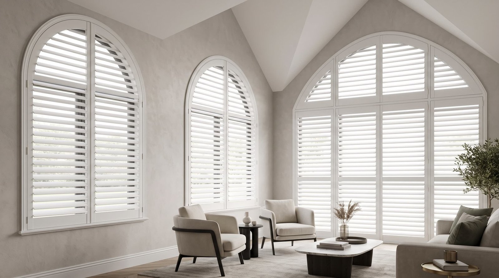 Elegant Arched Window Sitting Room — Shaped Shutters