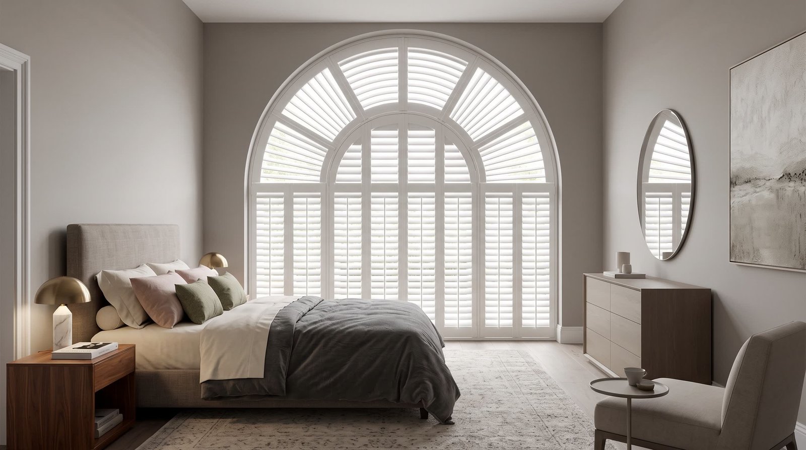 Luxury Bedroom With Half-Moon Window — Shaped Shutters