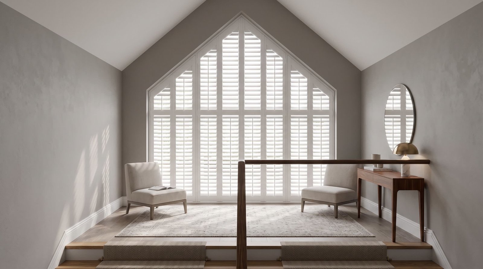 Premium Staircase Landing With Angled Window — Shaped Shutters