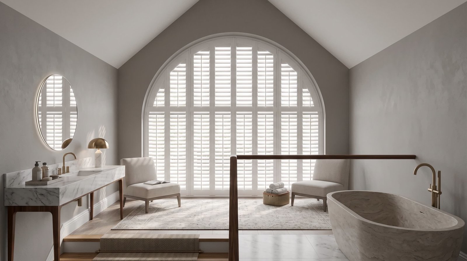 Sophisticated Bathroom With Arched Feature Window — Shaped Shutters