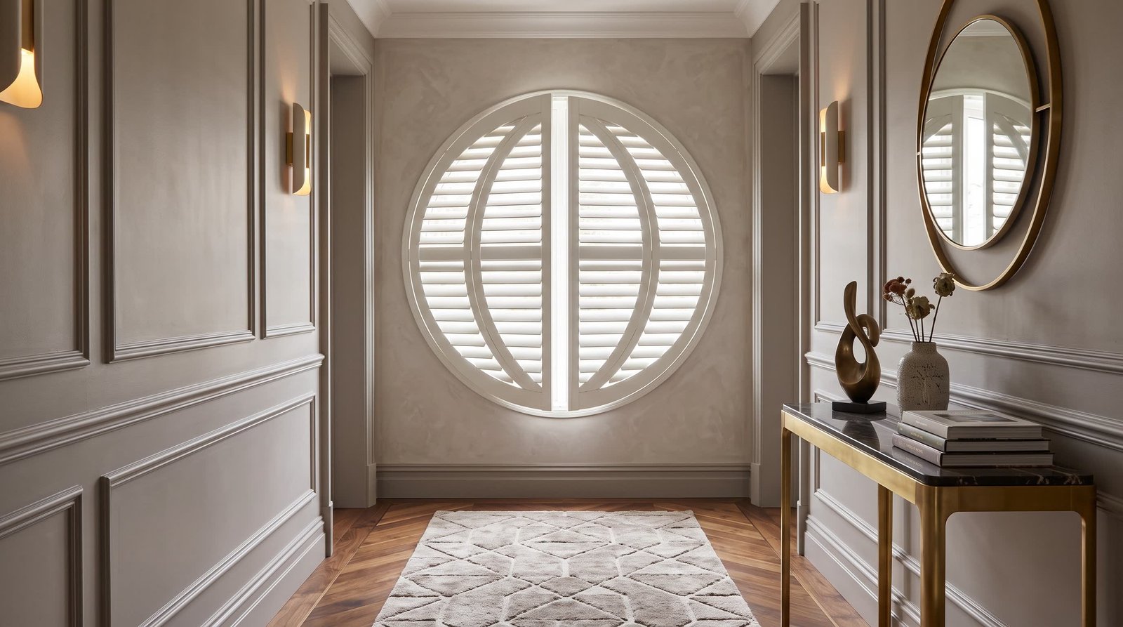 Designer Hallway With Circular Window — Shaped Shutters
