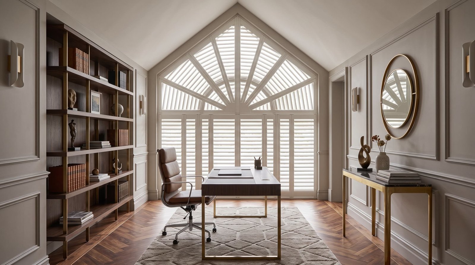 High-End Home Office With Custom Gable Window — Shaped Shutters