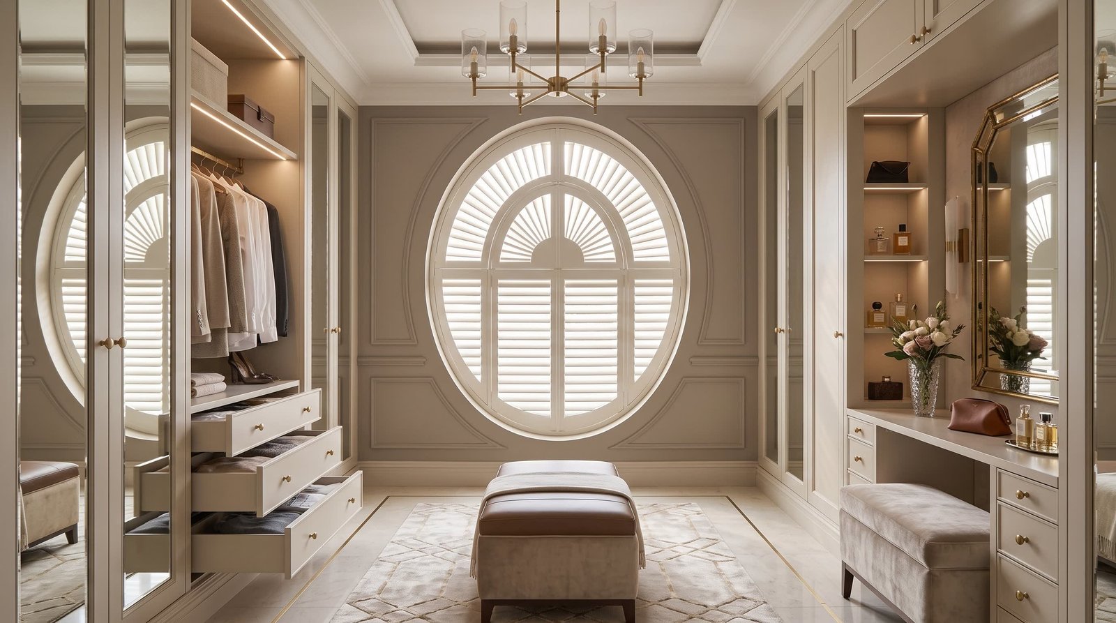 Elegant Dressing Room With Oval Window — Shaped Shutters