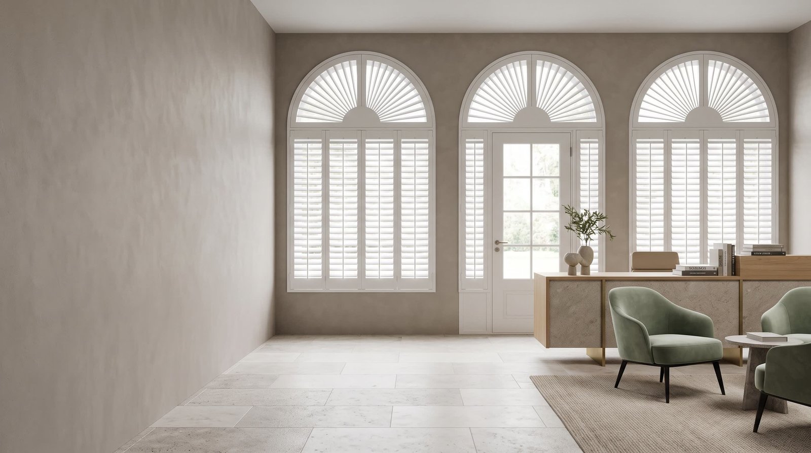 Boutique Reception With Arched Glazing — Shaped Shutters