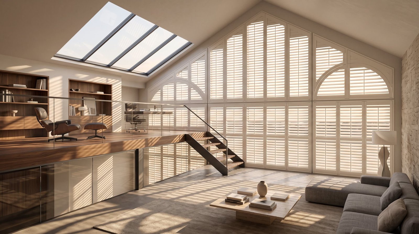 Grand Loft Mezzanine With Angled Window Wall — Shaped Shutters