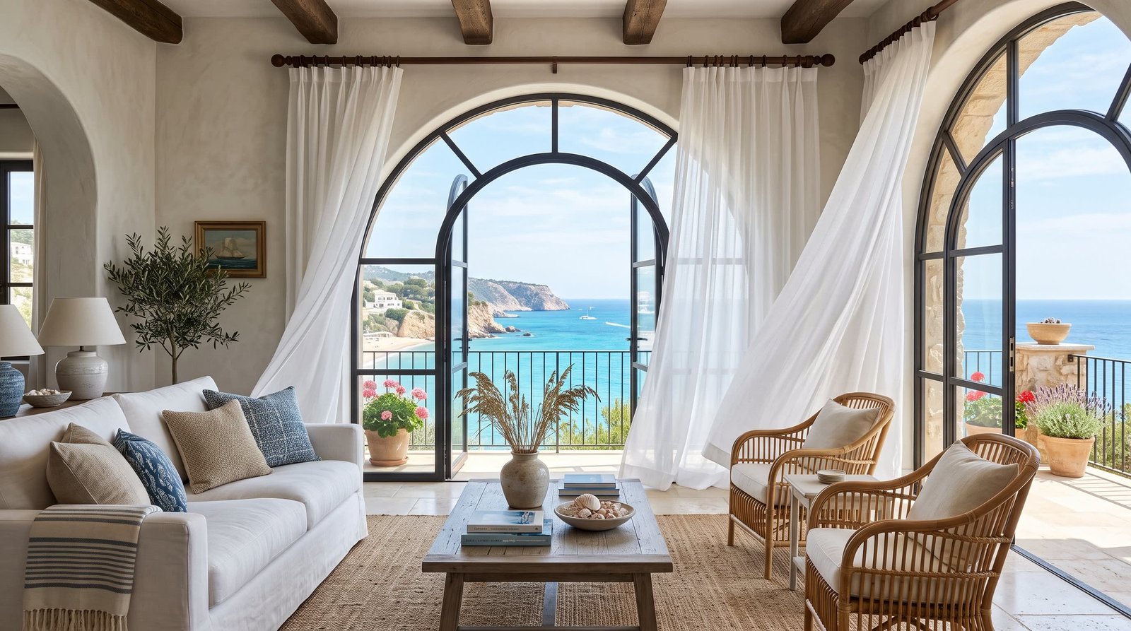 Coastal Villa Living Room &mdash; Sheer Curtains