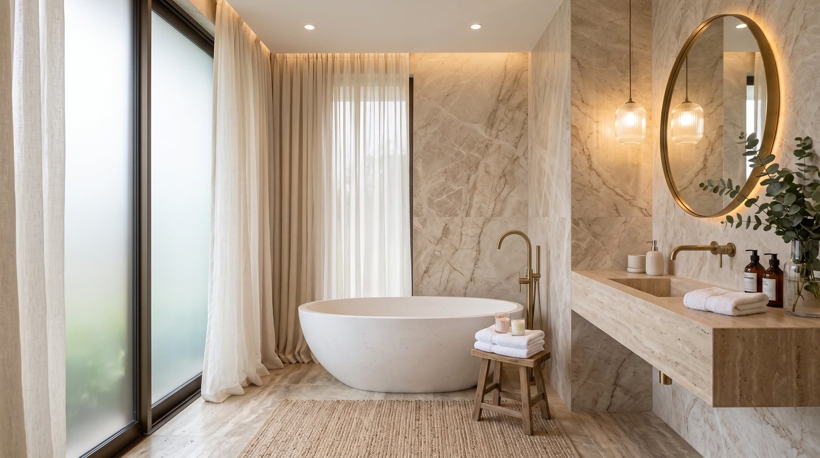 Contemporary Luxury Bathroom &mdash; Sheer Curtains