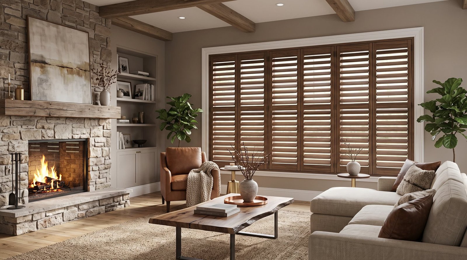 Luxury Rustic-Modern Living Room — Signature Wood Shutters