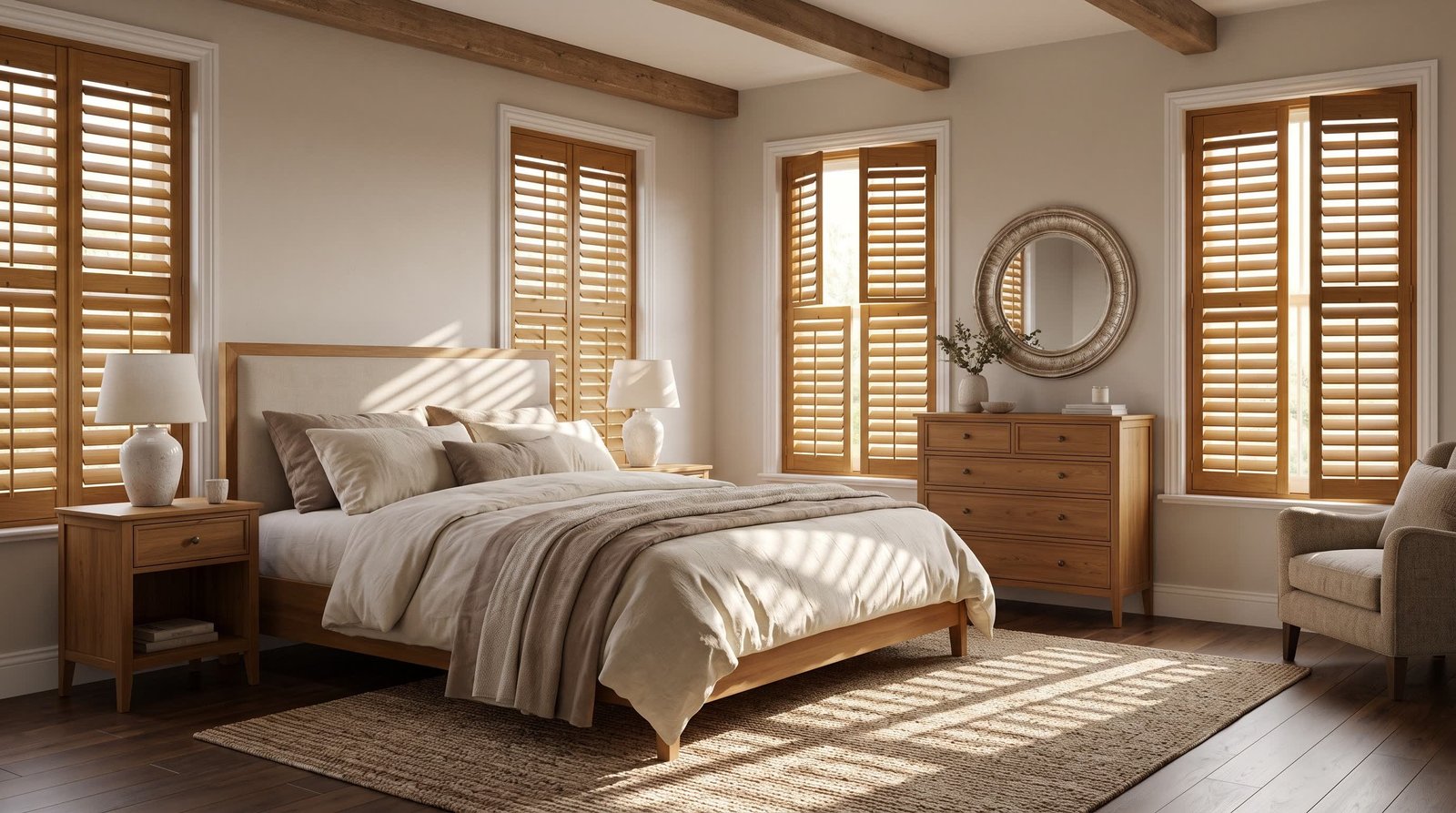 Elegant Master Bedroom With Warm Timber Accents — Signature Wood Shutters