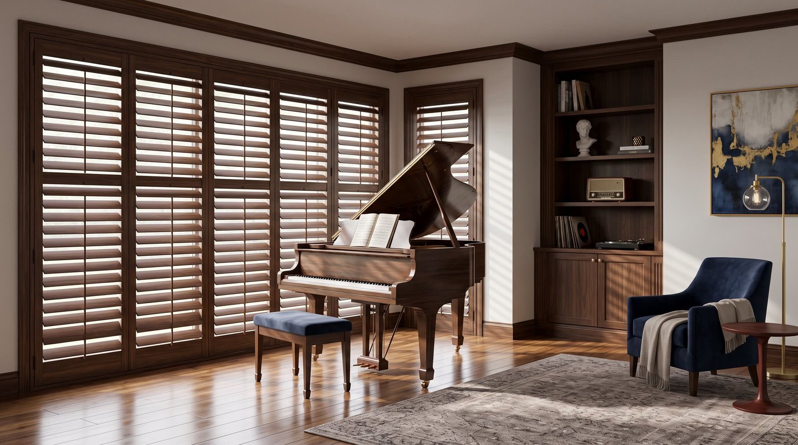 Refined Music Room With Wood Detailing — Signature Wood Shutters
