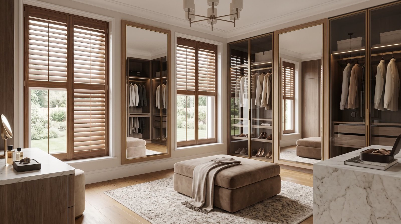 Upscale Dressing Room With Natural Warmth — Signature Wood Shutters