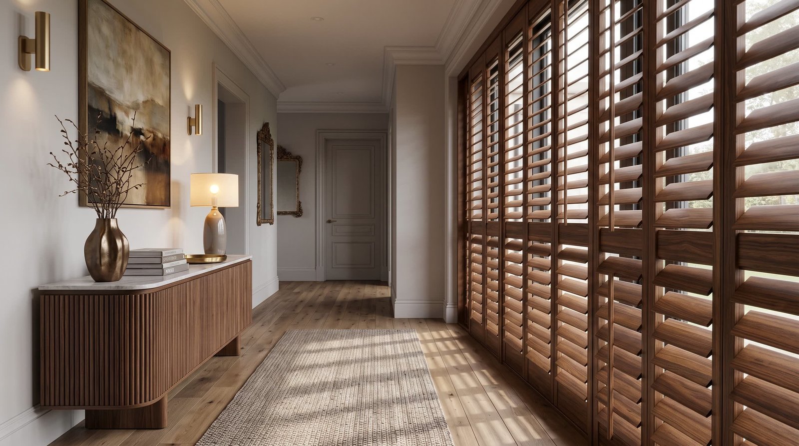 Elegant Hallway Window Feature — Signature Wood Shutters