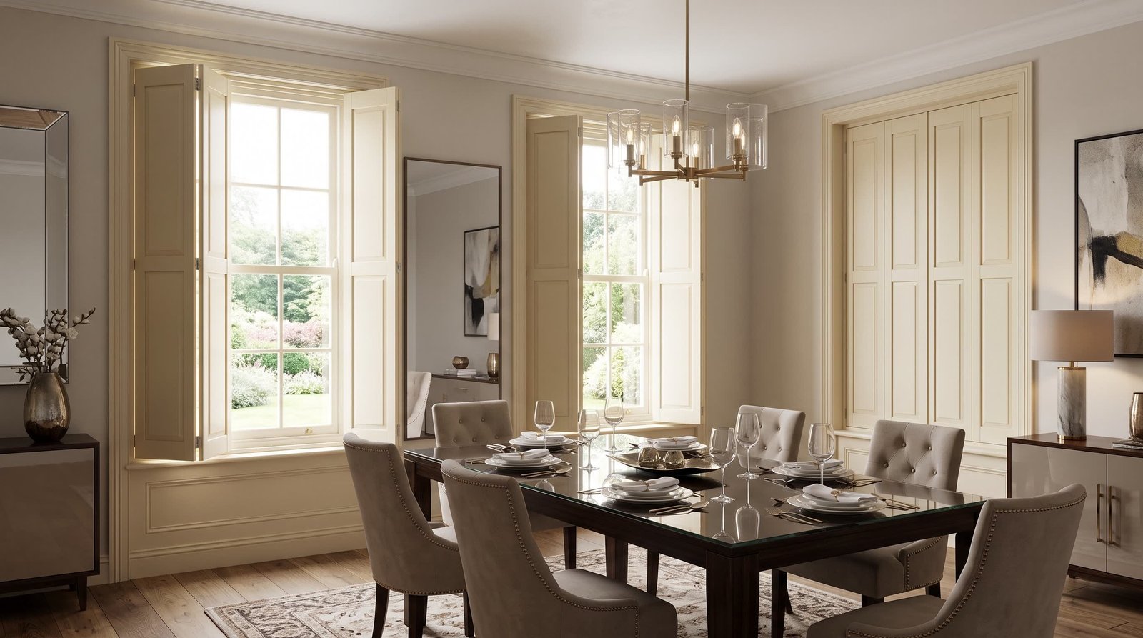 Sophisticated Dining Room With Traditional Charm — Solid Panel Shutters