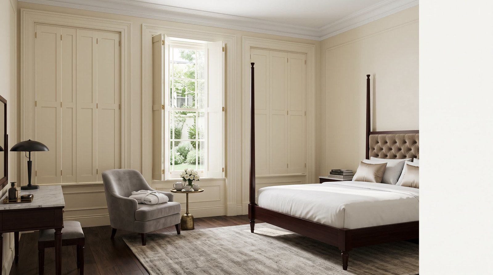 Elegant Upstairs Hall Room — Solid Panel Shutters