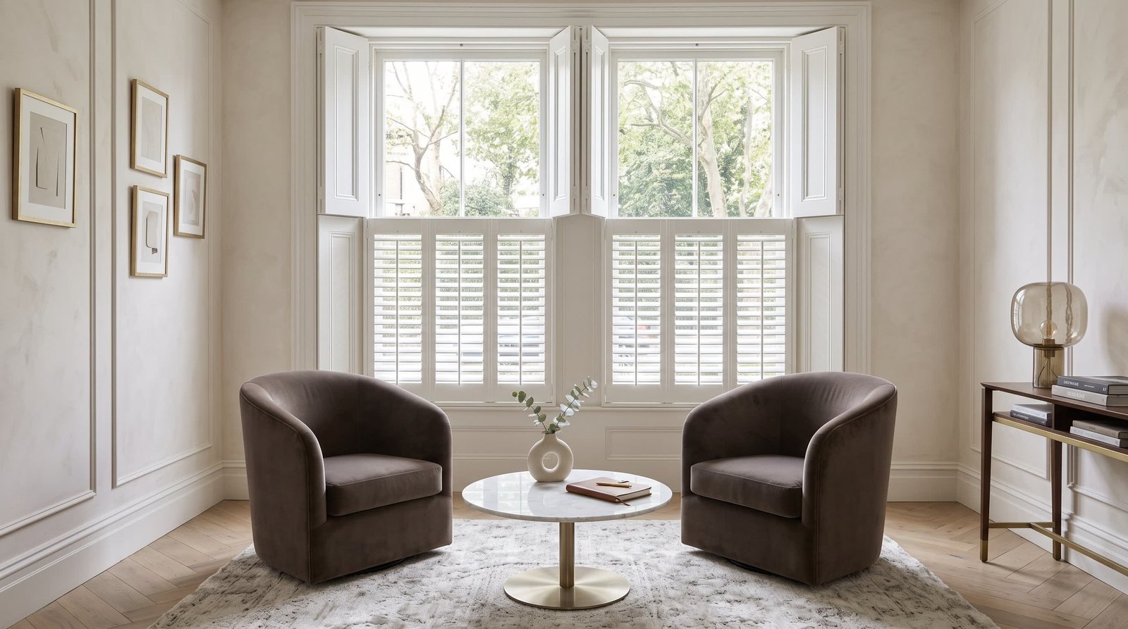 Sophisticated Home Library — Tracked Shutters