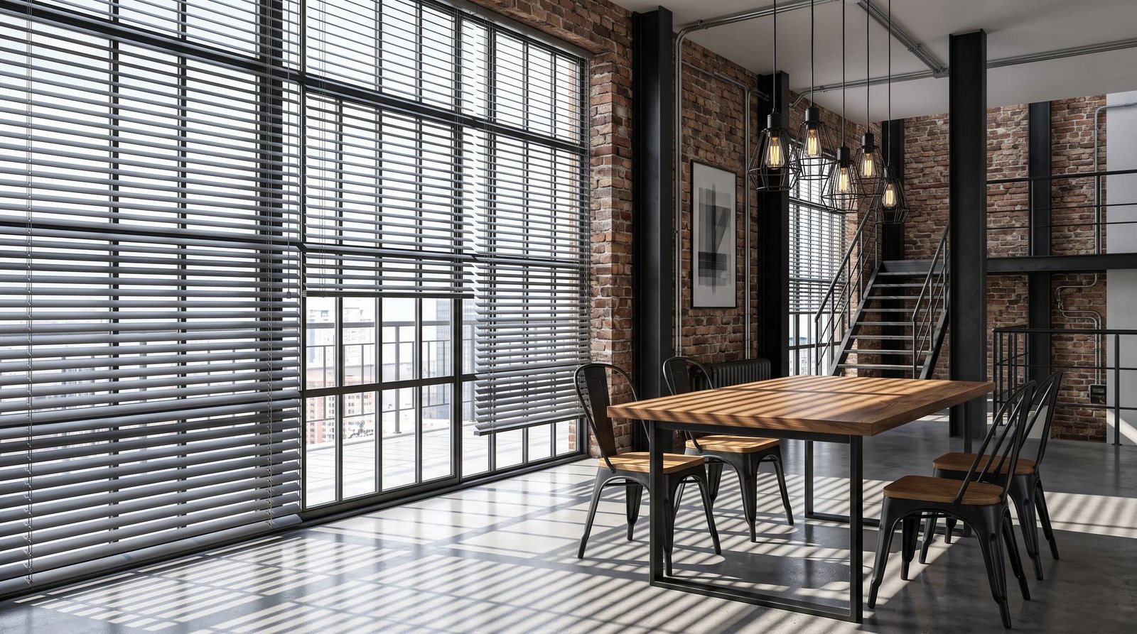 Industrial Loft Dining Area — Venetian Blinds