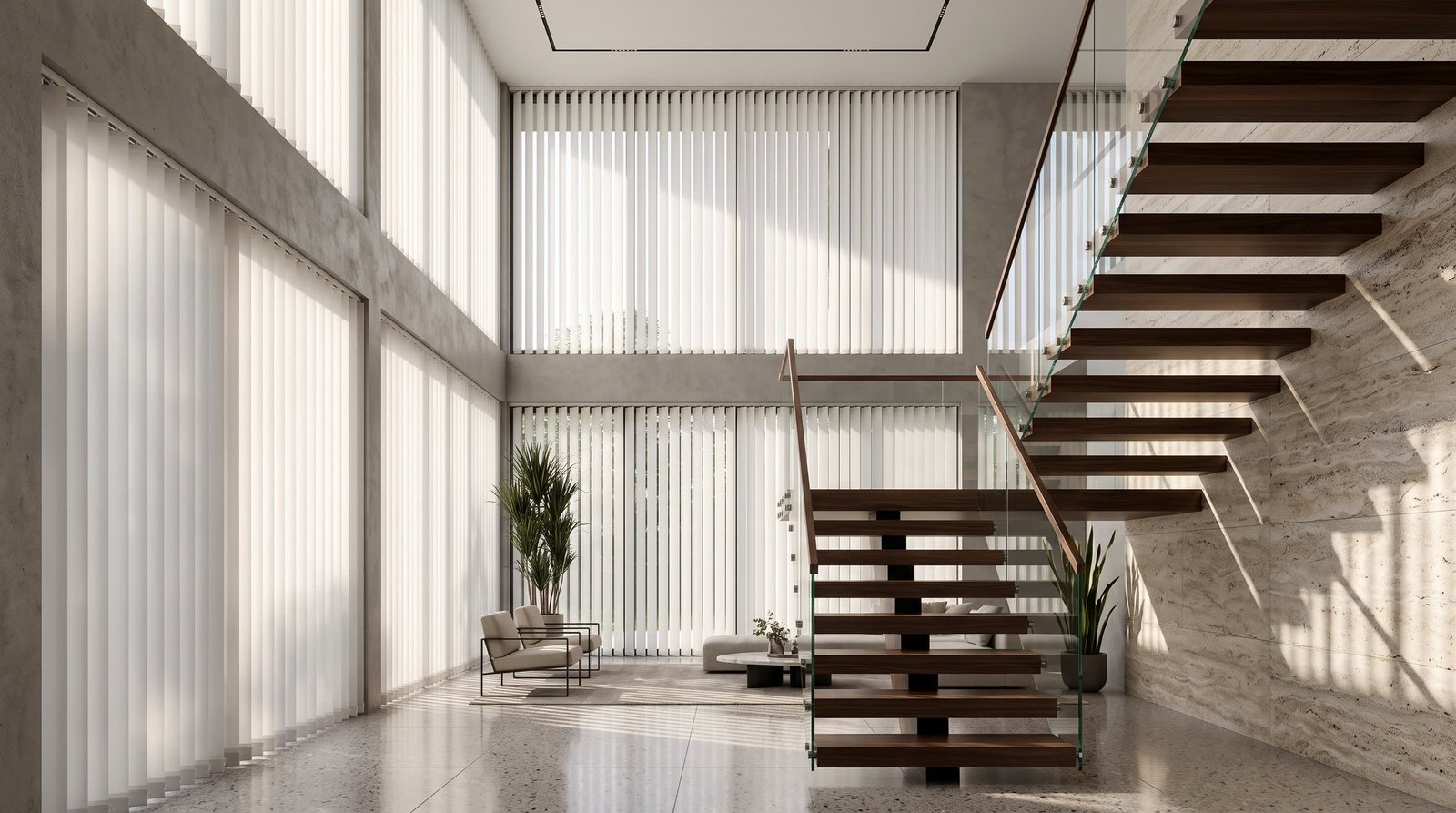 Modern Floating Stair Atrium — Vertex Blinds