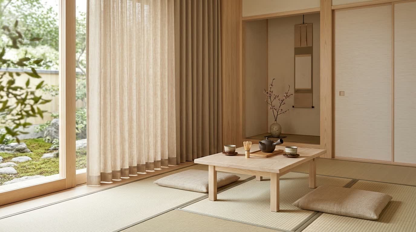 Japandi Tea Room — Wave Curtains