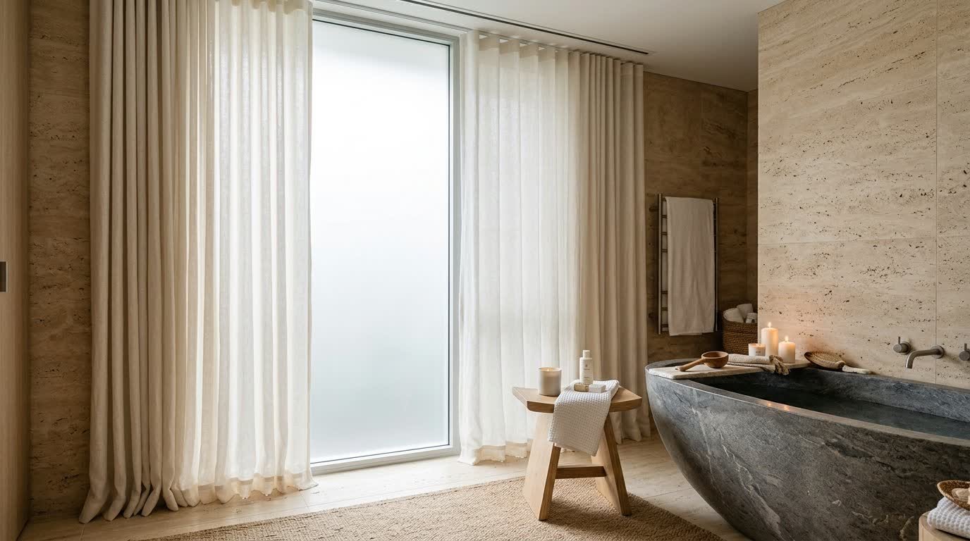 Travertine Spa Bathroom — Wave Curtains