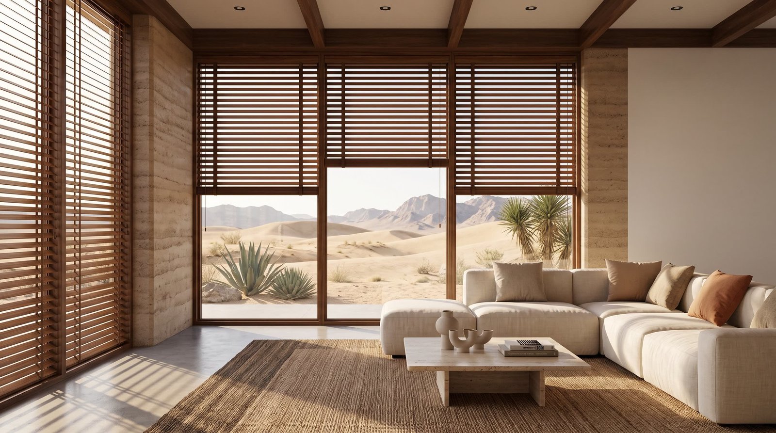 Desert View Luxury Lounge — Wood Venetian Blinds