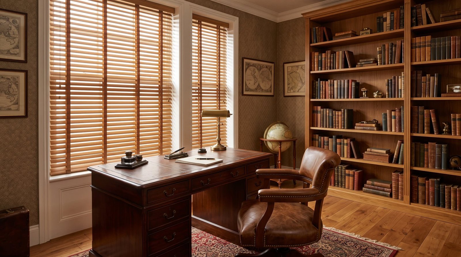Vintage-Inspired Writing Room — Wood Venetian Blinds