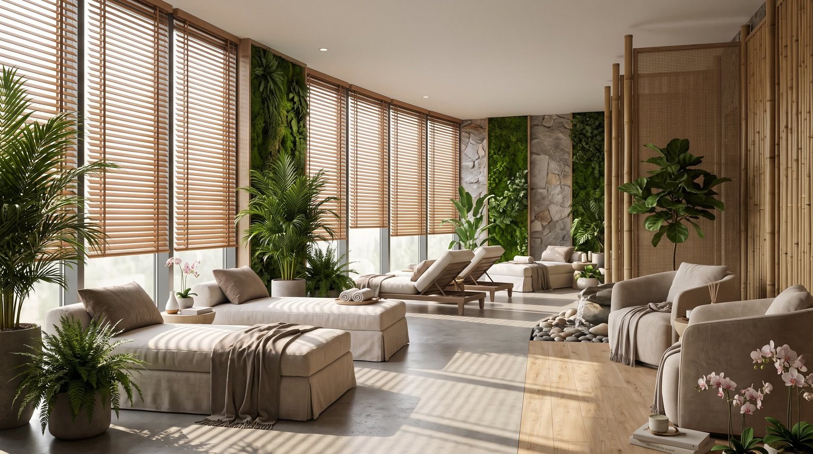 Nature-Inspired Spa Relaxation Room — Wood Venetian Blinds