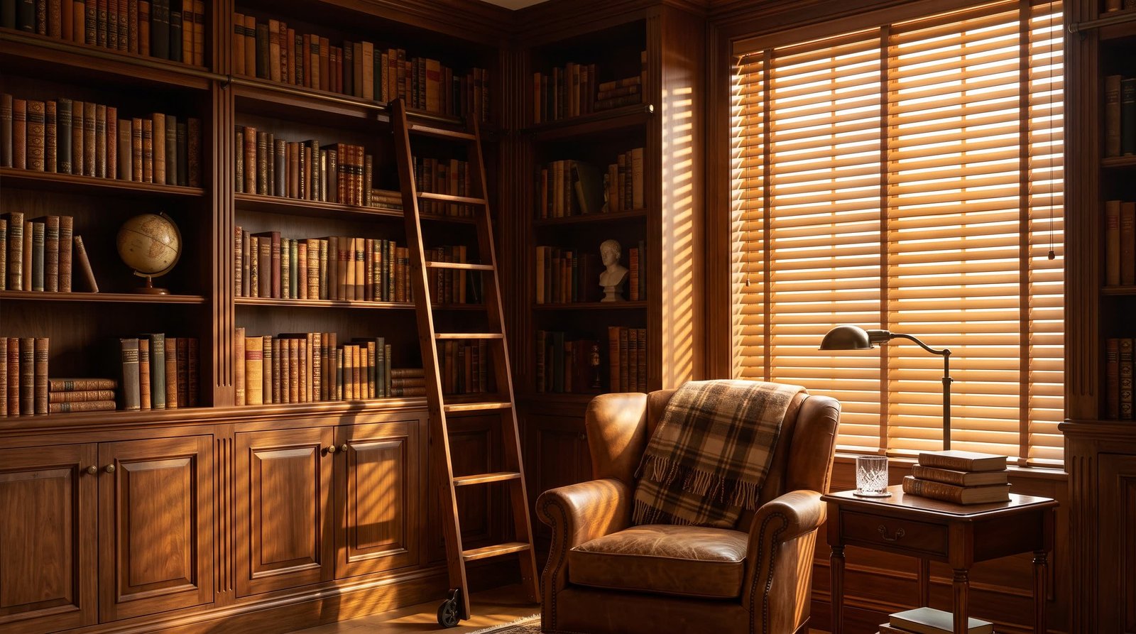 Elegant Library Corner — Wood Venetian Blinds