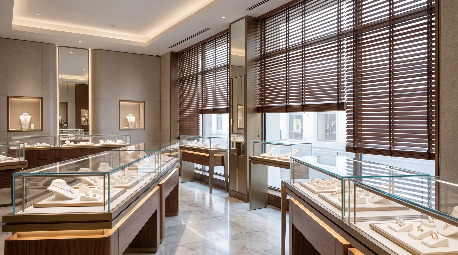 Boutique Jewelry Showroom — Wood Venetian Blinds