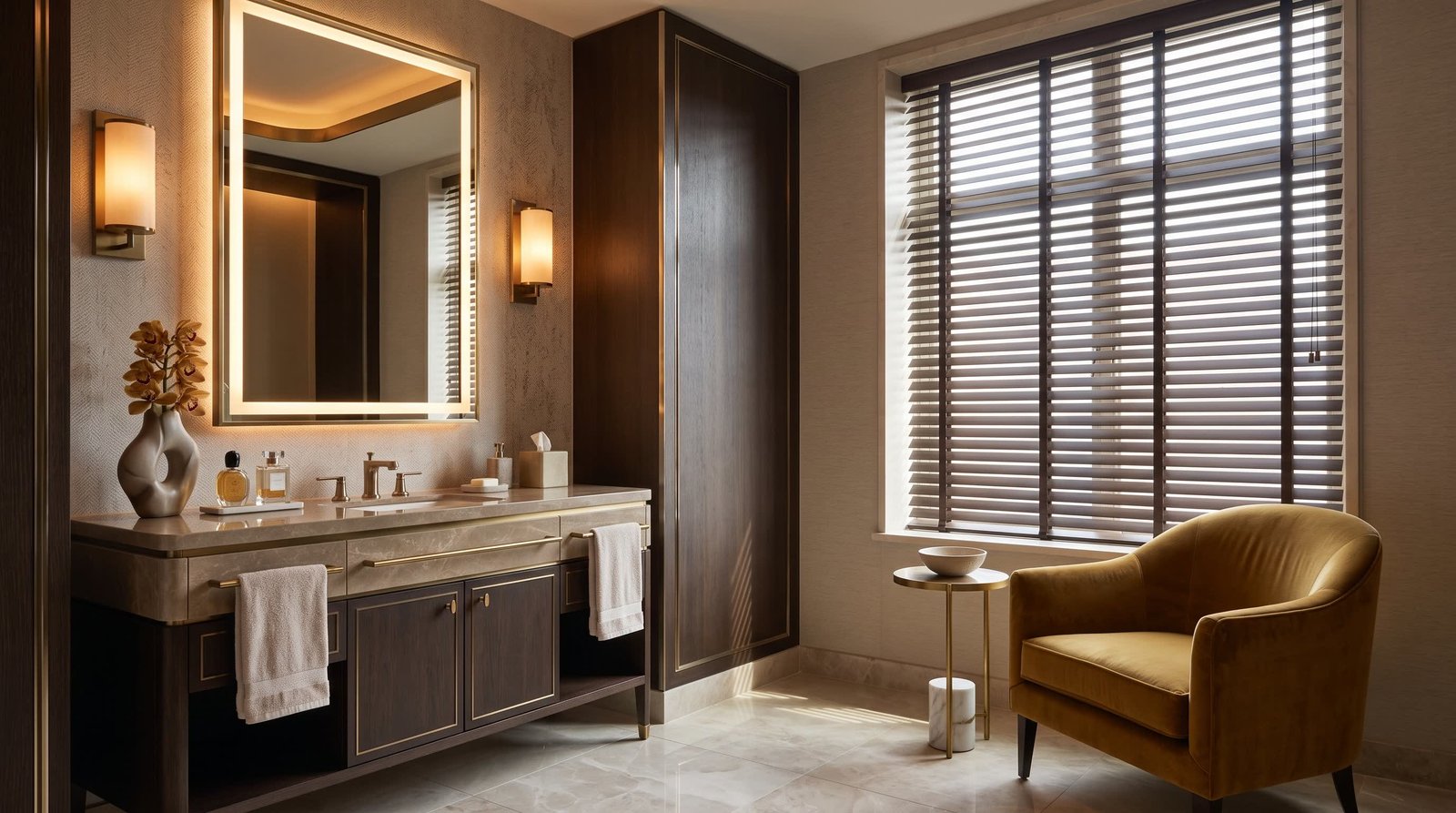 Modern Guest Washroom Lounge Area — Wood Venetian Blinds
