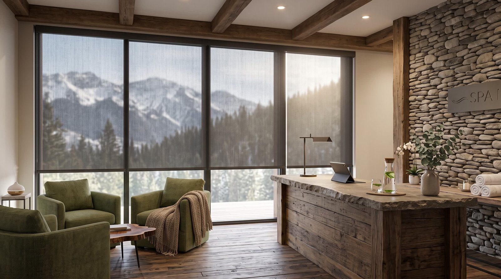 Mountain Lodge Spa Reception — Zip Screen Blinds