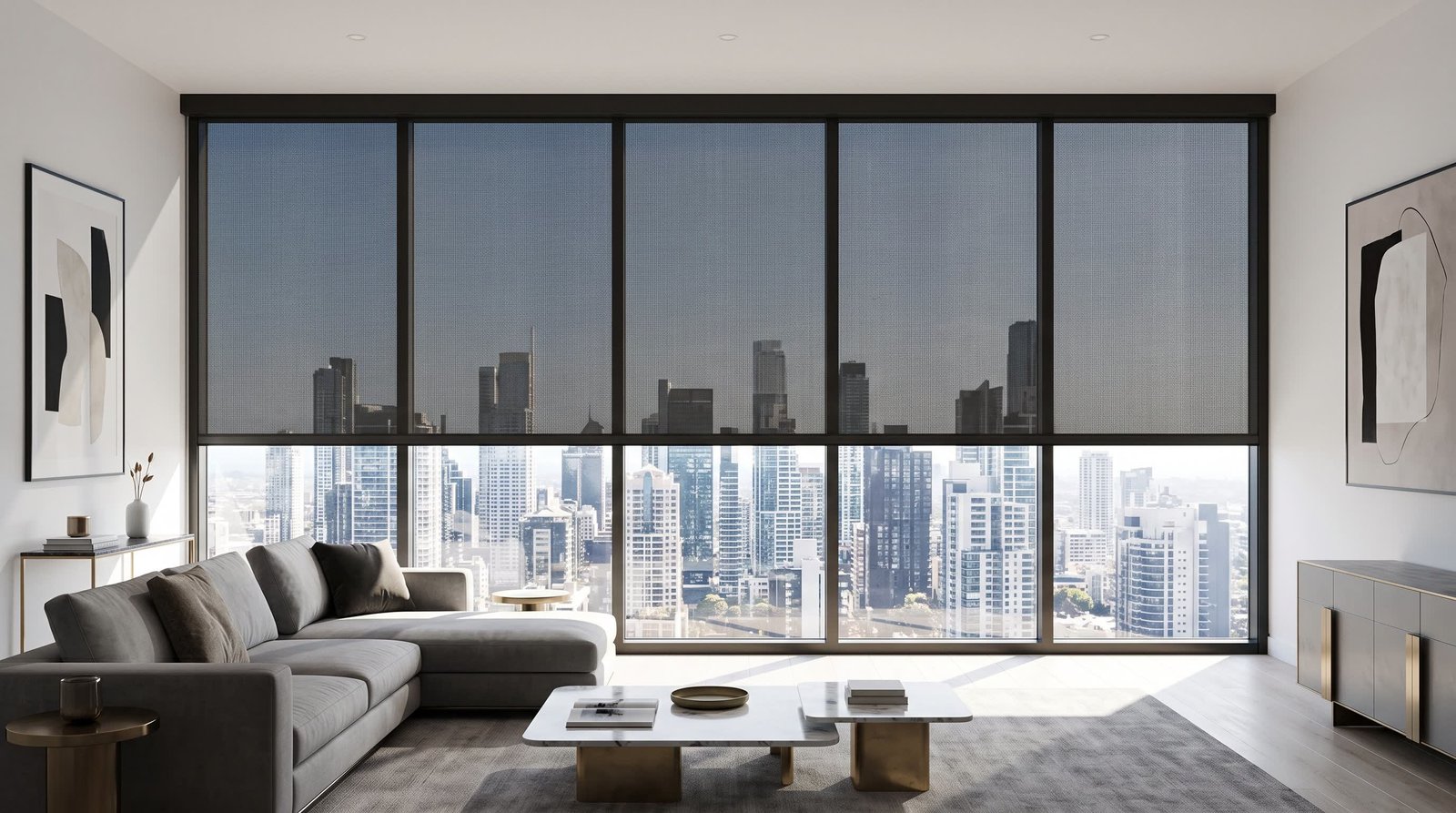 Urban Penthouse Living Room — Zip Screen Blinds